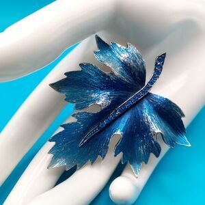 Vintage Blue Oak Leaf Silver Tone Brooch Pin with Blue Rhinestone Accents 1970s